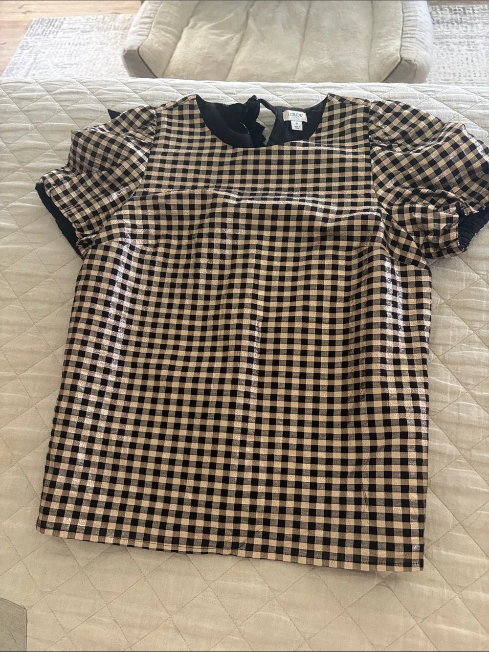 J. Crew Black and Beige Gingham Button-Back Short-Sleeve Shirt